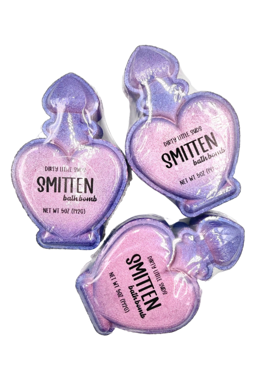 Dirty Little Suds Smitten Love Potion heart shaped bath bomb pink and purple bath bomb with hidden color inside