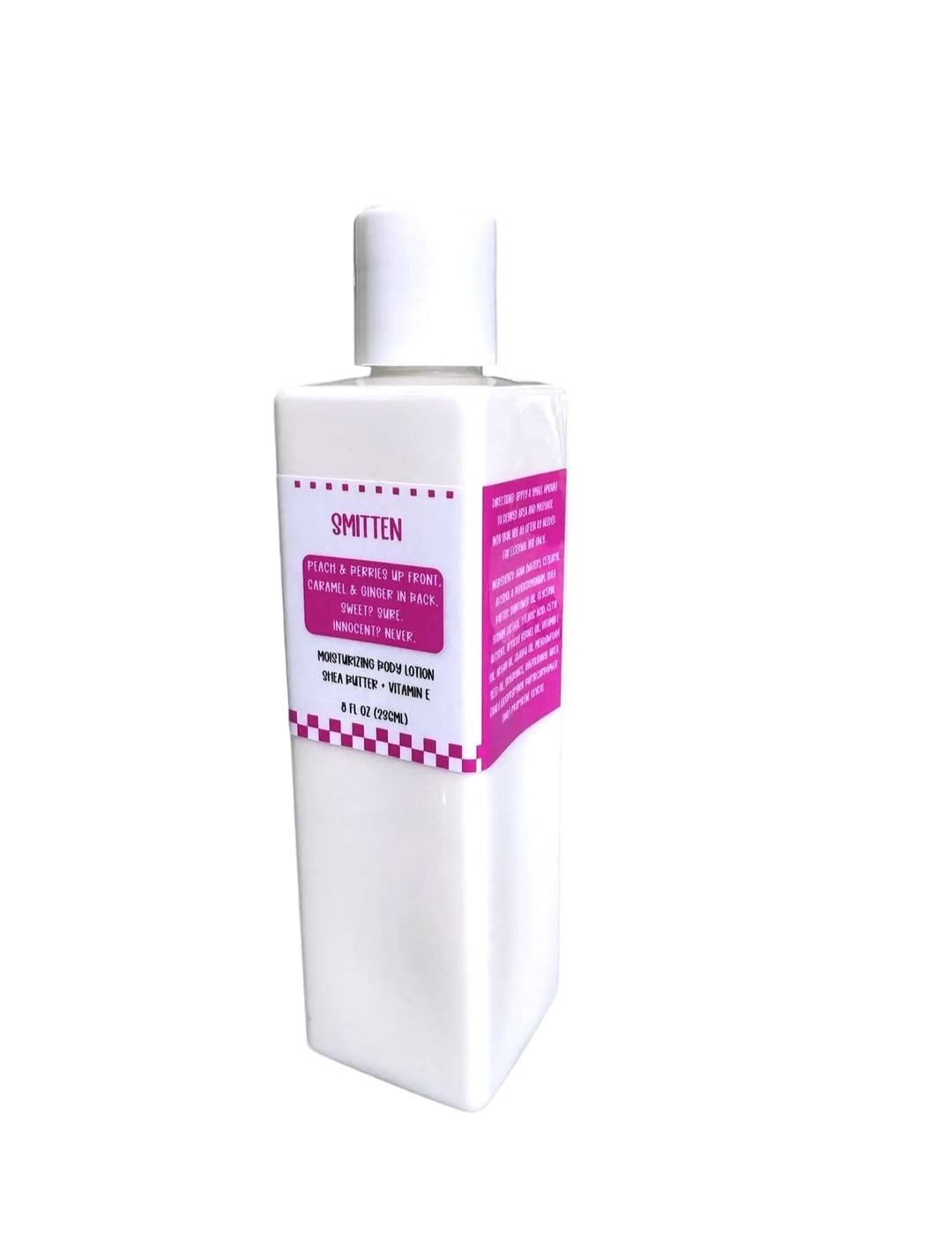 White background product photo of Dirty Little Suds Smitten Moisturizing Body Lotion, available in 4oz and 8oz sizes. Handmade lotion with shea butter and vitamin E, featuring an addictive fragrance of peaches, berries, caramel, and ginger.