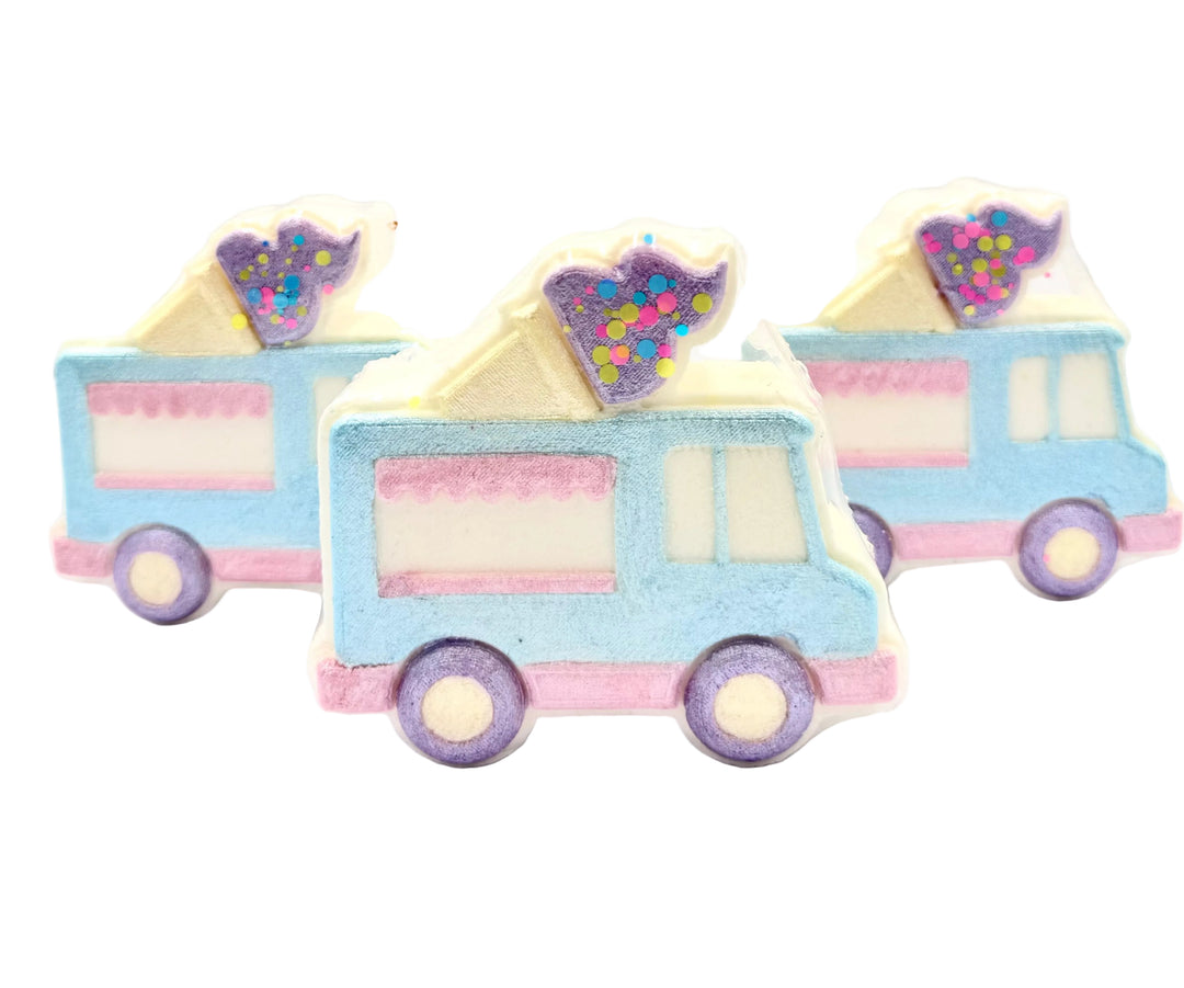 Dirty Little Suds soft serve ice cream truck bath bomb pastel blue and pink kids bath bomb with sprinkles top