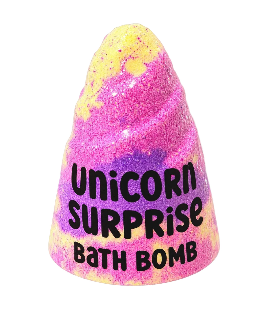 Brightly colored unicorn horn bath bomb featuring yellow, hot pink, and purple with a surprise toy hidden inside. Label says Unicorn Surprise Bath Bomb. Handmade by Dirty Little Suds in North Mississippi.