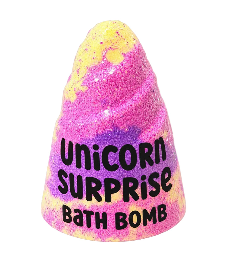 Brightly colored unicorn horn bath bomb featuring yellow, hot pink, and purple with a surprise toy hidden inside. Label says Unicorn Surprise Bath Bomb. Handmade by Dirty Little Suds in North Mississippi.