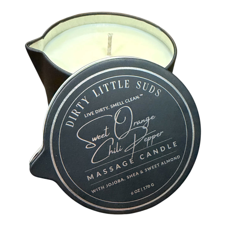 Dirty Little Suds Sweet Orange + Chili Pepper 6 oz massage candle with pour spout