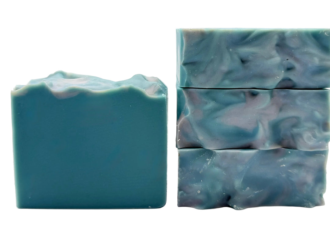 Blue and gray marbled handmade soap bars with soft wave texture and clean modern aesthetic