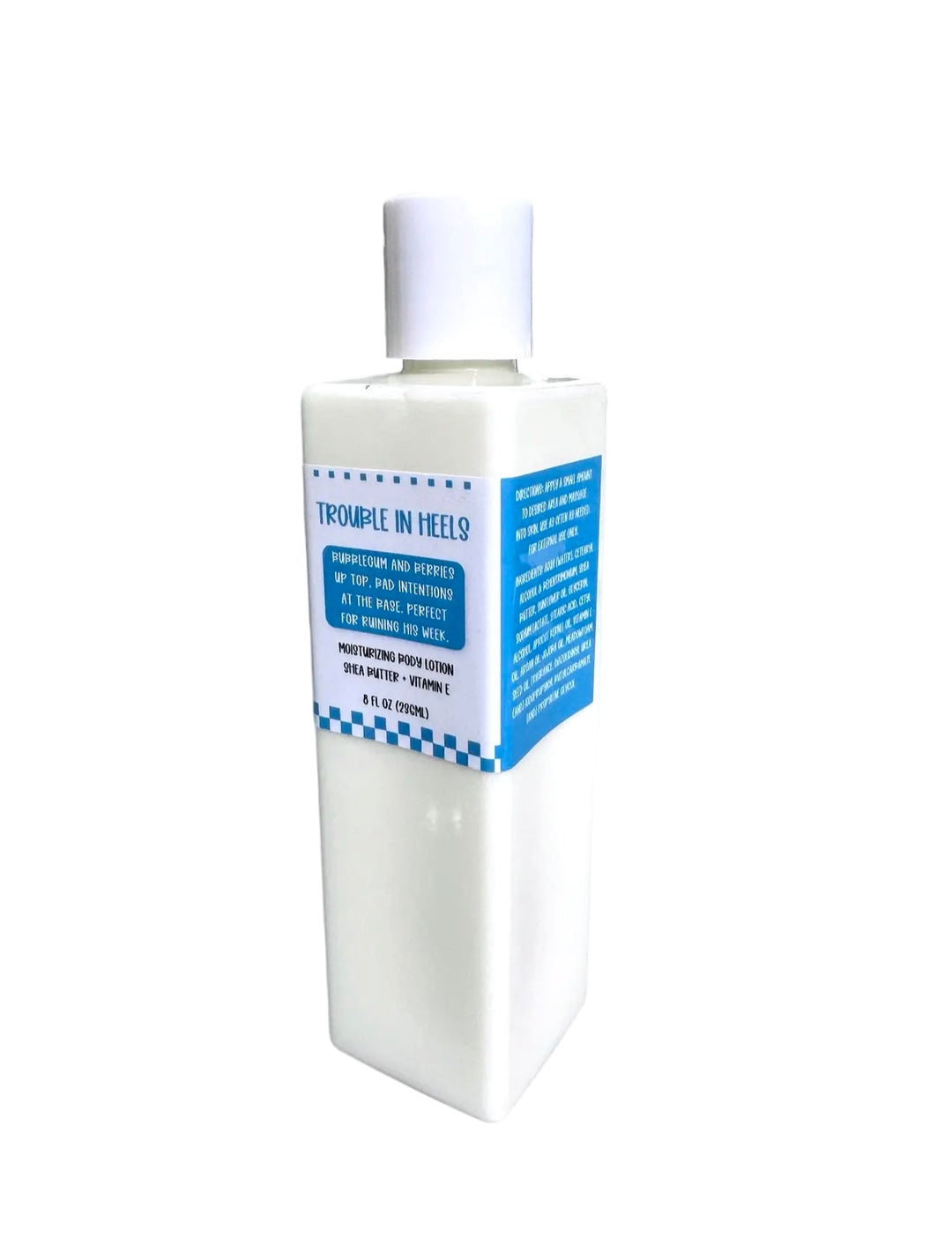 White background product photo of Dirty Little Suds Trouble in Heels Moisturizing Body Lotion, available in 4oz and 8oz. Handmade shea butter + vitamin E lotion with a fruity bubblegum and berry fragrance.