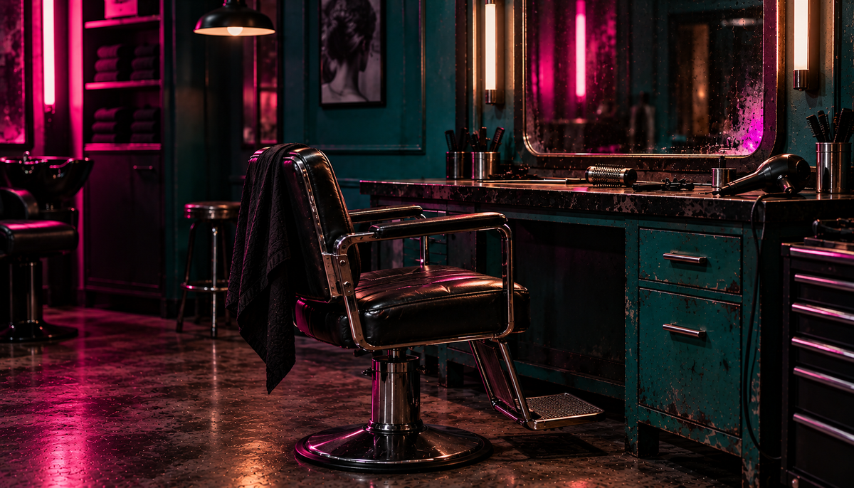 A vintage-style black leather barber chair with chrome hardware stands in a dimly lit barbershop. The shop features teal walls, a dark workbench with drawers, mirrors, and pink neon lighting reflecting off the floor.