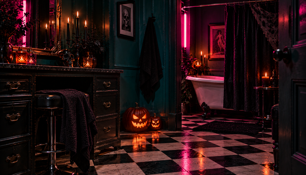 A moody Halloween-themed bathroom scene with a black-and-white checkered floor, dark wood vanity, glowing candles, a carved jack-o'-lantern, and a bathtub lit by pink ambient light.