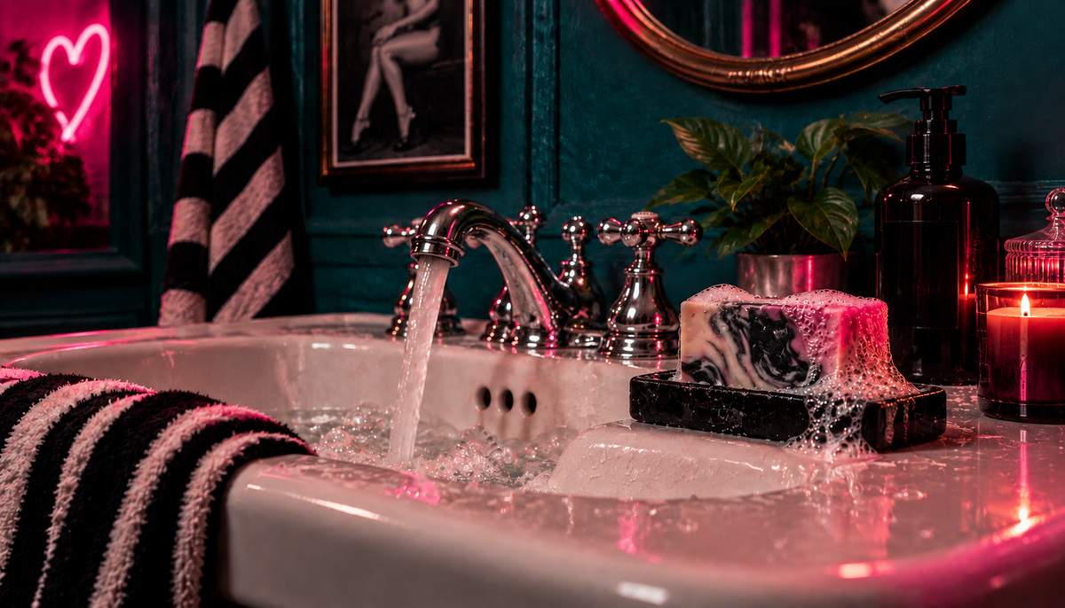 Handmade soap beside a running bathroom sink with bubbles, teal walls, and moody pink lighting.
