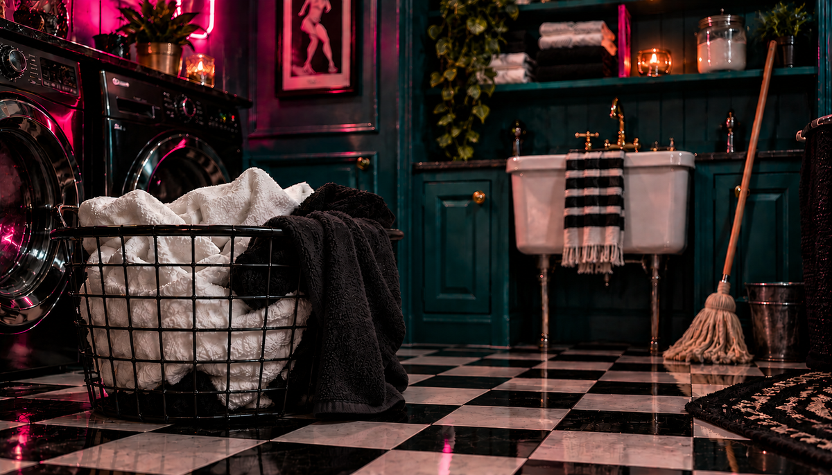 A laundry basket filled with white towels and a dark charcoal throw sits on a black-and-white checkered floor in a vintage-style laundry room with teal cabinets, a double sink, and a mop.