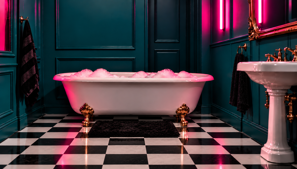 A white clawfoot bathtub filled with pink-tinted bubbles, set in a luxurious bathroom with dark teal paneled walls, a black-and-white checkered floor, and a white pedestal sink.