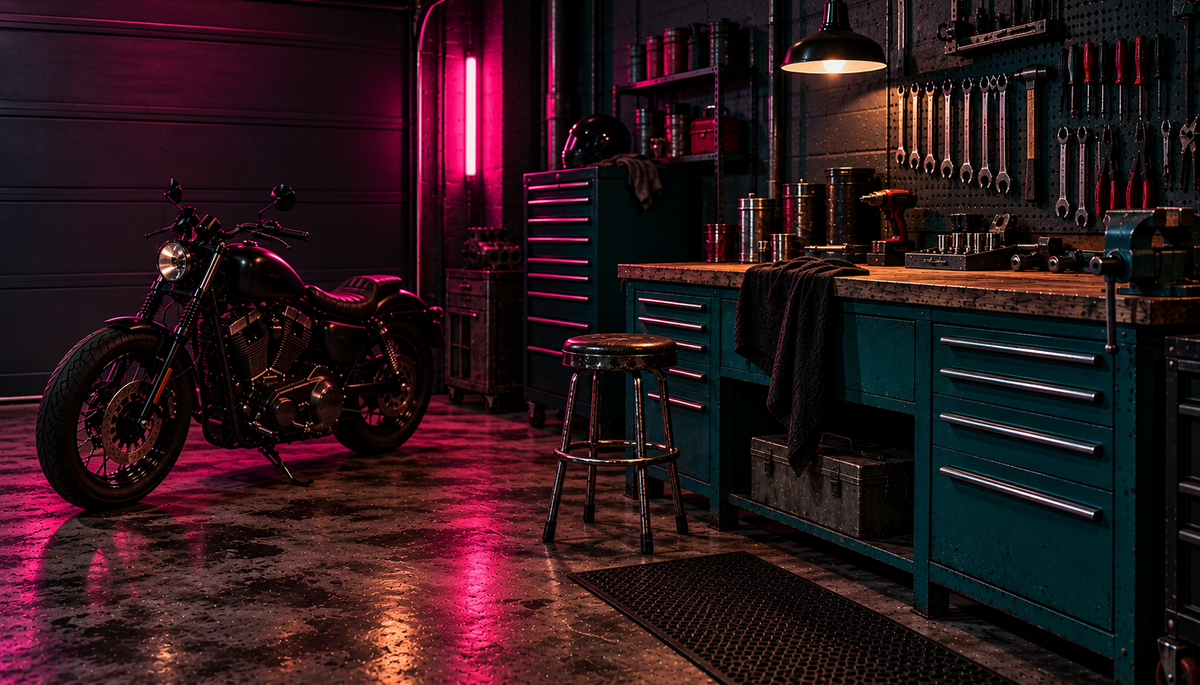 A dark motorcycle parked in a styled garage workshop with teal tool cabinets, a stool, pegboard tools, and dramatic pink and purple lighting reflecting on the floor.