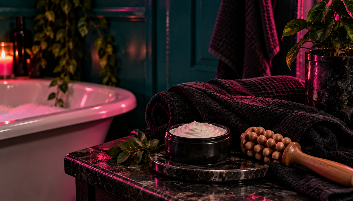 A dark, moody spa scene with a small round black container holding a white cream or balm on a marble tray, alongside a wooden massage roller and dark towels near a bathtub with pink ambient lighting.